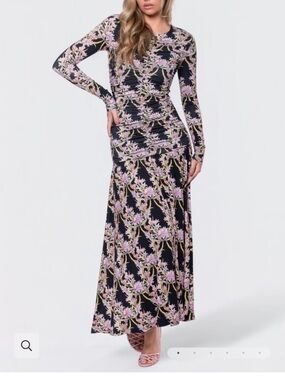 Ruched Long-Sleeve Floral Maxi Dress in Black and Pink